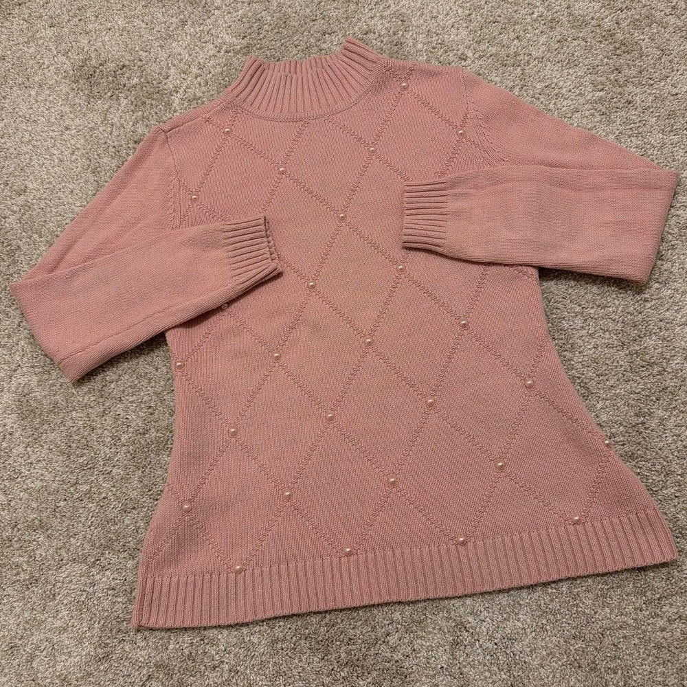 90s Vintage Liz Claiborne Pearl Knit Turtleneck Sweater | Blush Pink | Large